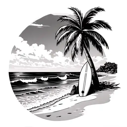 Tropical Hawaiian beach with a nice palm tree and and a surf board leaning against the palm tree with pretty ocean waves tattoo design idea