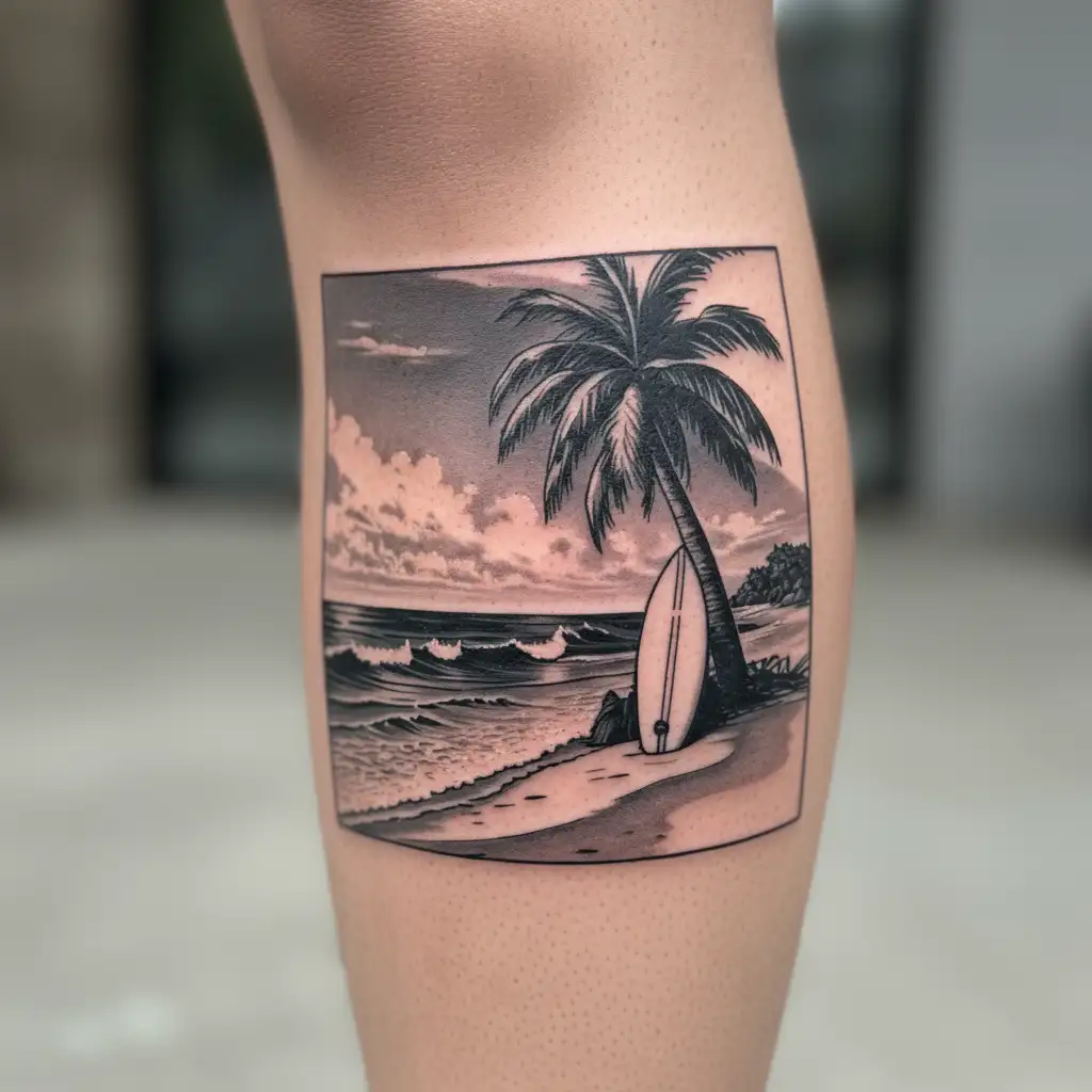 Tropical Hawaiian beach with a nice palm tree and and a surf board leaning against the palm tree with pretty ocean waves tattoo design idea