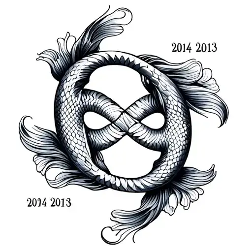 Koi fish with infinity symbol integrated, and the years 2004 2010 and 2013 tattoo design idea