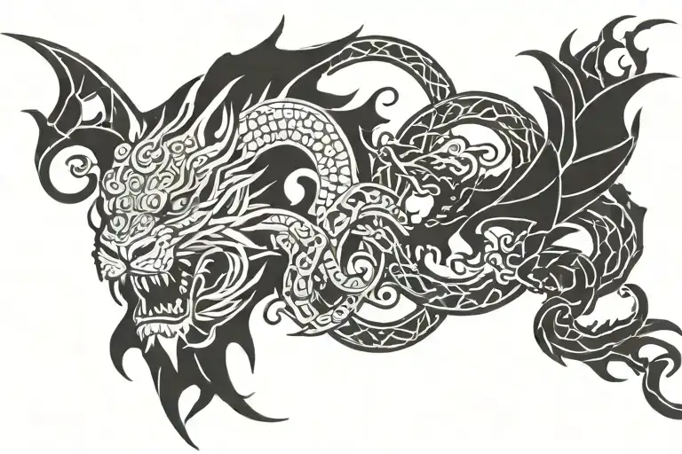 Dragon with lion with a chain and year tattoo design idea