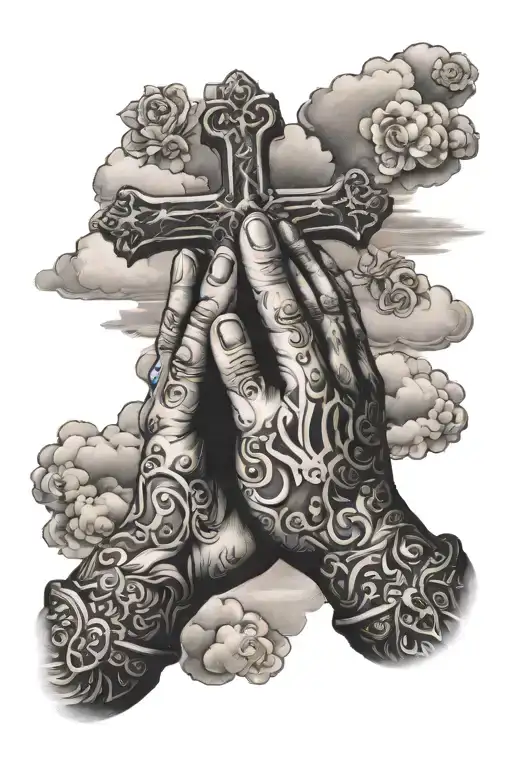 cross clouds hands praying tattoo design idea