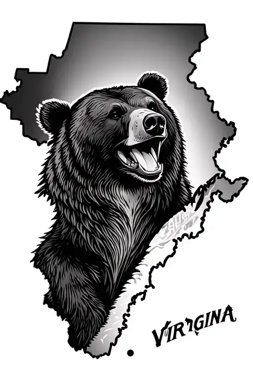 the outline of the state of west virginia in the center, with a black bear, a cardinal, the West Virginia University Woo tattoo design idea