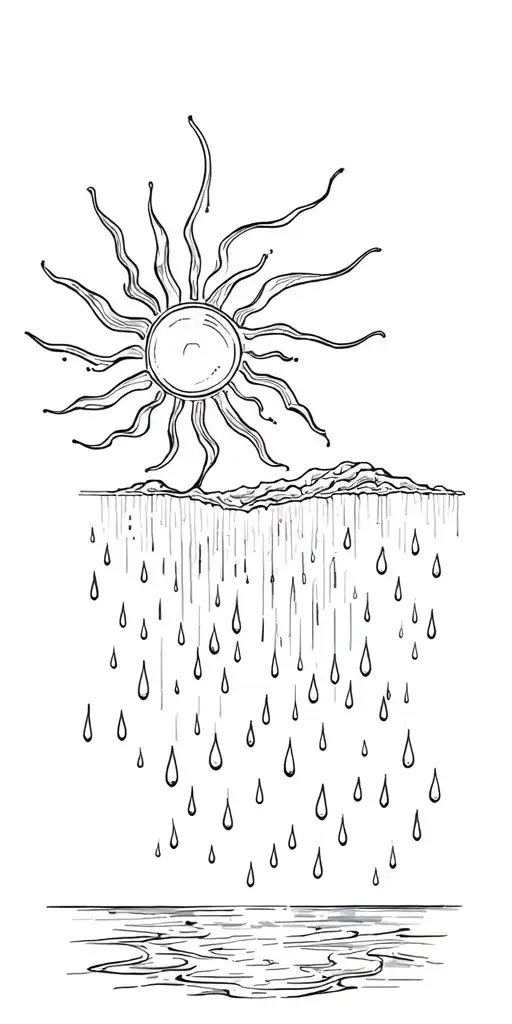 a sun melting into a waterfall that turns into rain drops tattoo design idea