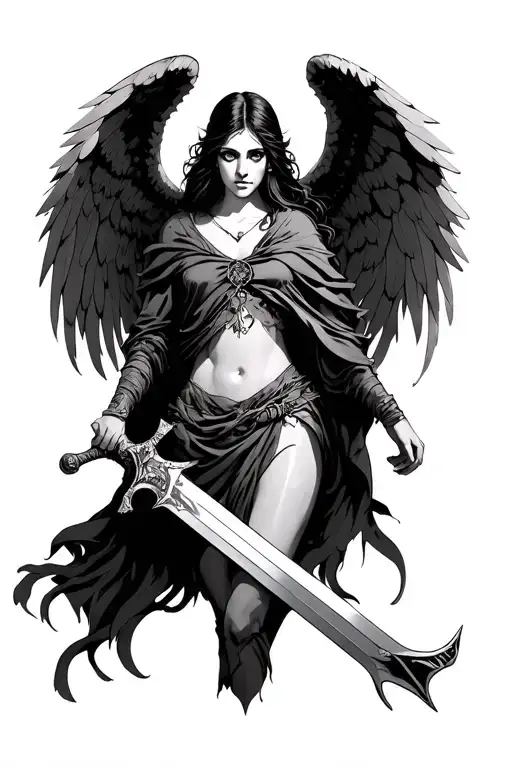 Angel in a female guise, with a ragged mantle and a sword in the back, with venerable eyes tattoo design idea