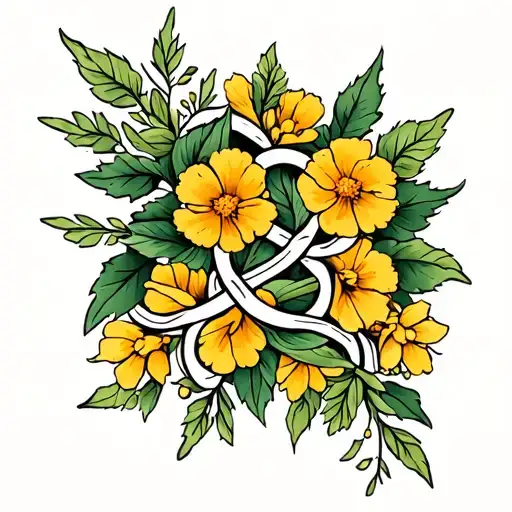 Celtic father-daughter knot design incorporating stems, leaves, marigold blossoms and honeysuckle blossoms tattoo design idea