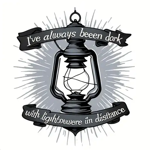 black and grey lantern with the words "I've always been dark with light somewhere in the distance" tattoo design idea