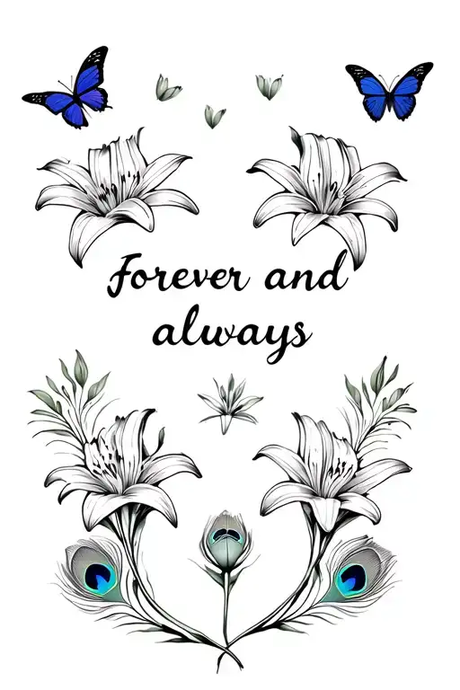 A bunch of lilies with three butterflies, three small peacock feathers words saying forever and always with two roses tattoo design idea