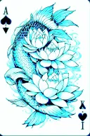 A mystical representation of the Poker card with a koi fish and lotus flower intertwined tattoo design idea