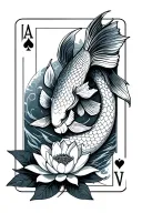 A mystical representation of the Poker card with a koi fish and lotus flower intertwined tattoo design idea