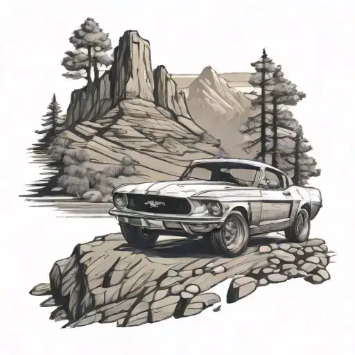 Design a tattoo of an explorer driving a Ford Mustang through a rugged mountain terrain tattoo design idea