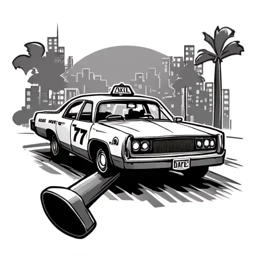 Ball-peen hammer where the handle turns into a road with a lil cartoony taxi driving on the road with the number 77 onit tattoo design idea