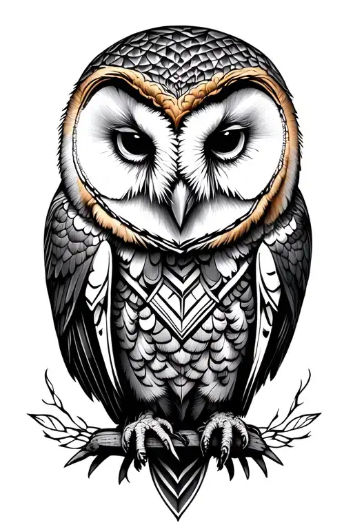 barn owl surrounded by geometric patterns tattoo design idea