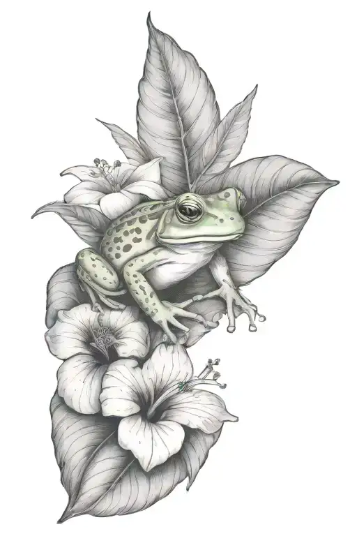 small frog and tropical leaves and hibiscus tattoo design idea