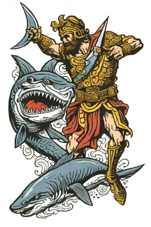 ancient Greek mythology soldier fighting with shark tattoo design idea