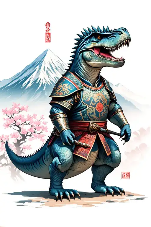Tyrannosaurus-samurai in full growth, in armor. In the background of the mountain and Sakura. tattoo design idea