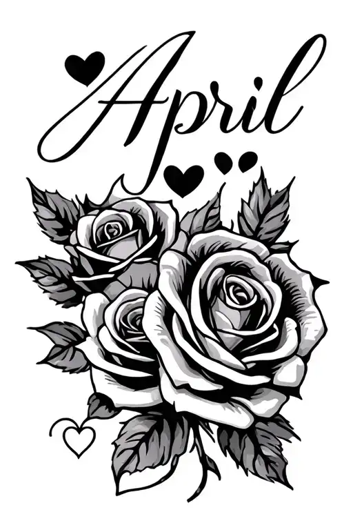 name "April" in cursive with roses and hearts tattoo design idea