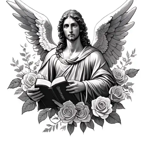 Archangel Uriel holding bible with Roses around him tattoo design idea