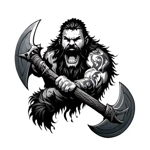 Portrait, Barbarian, Nordic, screaming, frontal, agression, fury, axes in hand, beard tattoo design idea