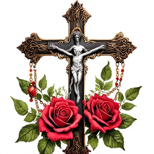 cross and roses and rosary tattoo design idea
