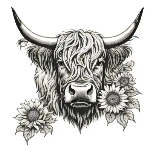 highland cow and sunflowers  tattoo design idea