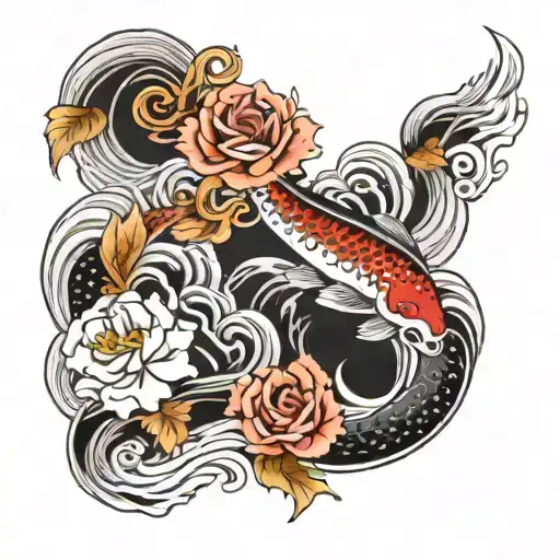 Black and white of waves surrounding roses and koi fishes tattoo design idea
