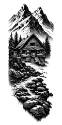 A mountain landscape incorporating a log cabin tattoo design idea
