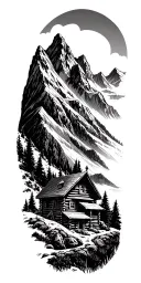A mountain landscape incorporating a log cabin tattoo design idea