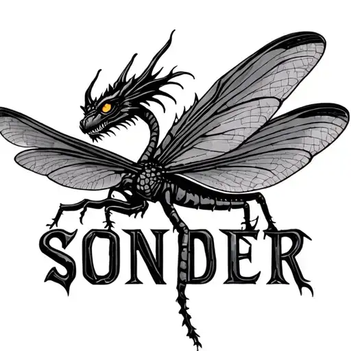 the word sonder with a dragon fly and three 8 tattoo design idea