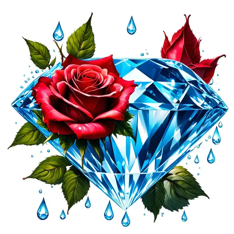 1 large blue diamond surrounded by 1 red rose, Rain drops, love, female reproductive organ tattoo design idea
