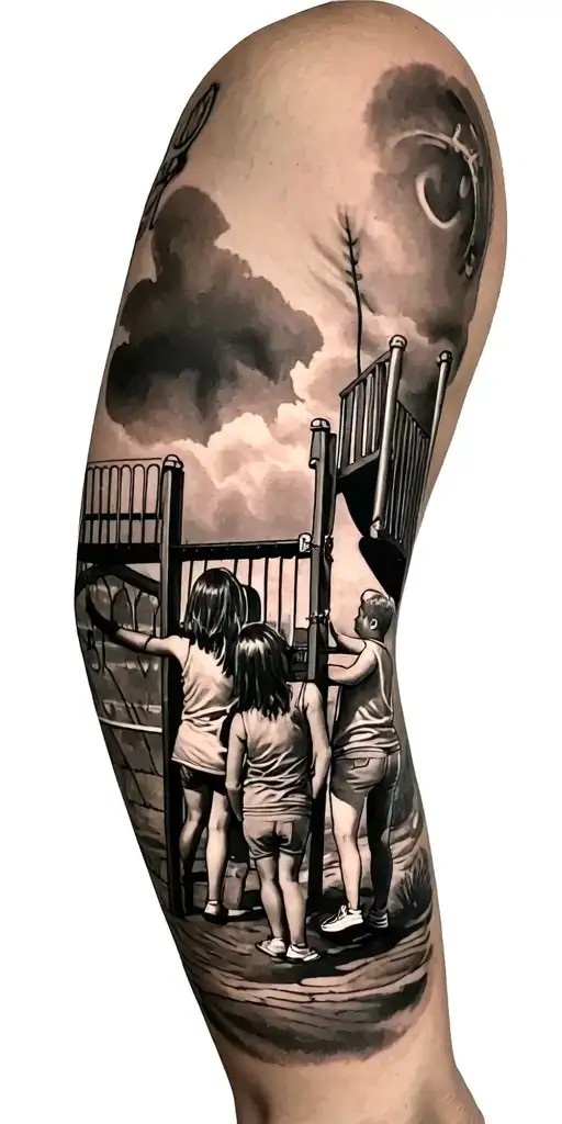 Full length arm tattoo of 2 girls (one slightly older then the other) and their dad playing at a playground. Have them a tattoo design idea