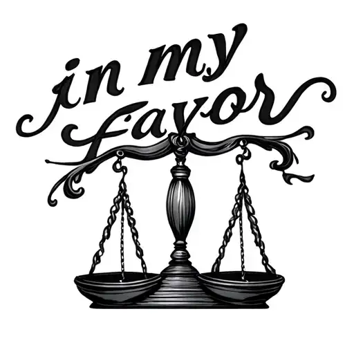 black and gray tattoo of a scale tilted and written above it in script, "in my favor" tattoo design idea