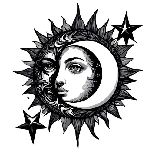 sun moon and stars tattoo with color tattoo design idea