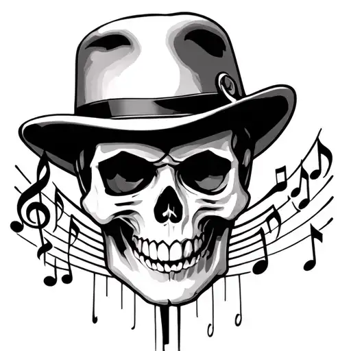 mafia boss skull surrounded my music notes tattoo design idea