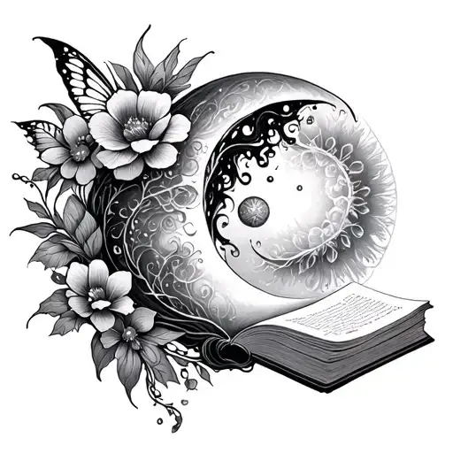 spine tattoo flowers fairies books yon yang sun and moon magic tattoo design idea