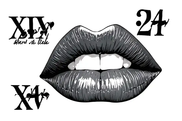 3 birth dates in Roman numerals and lips kissing tattoo design idea