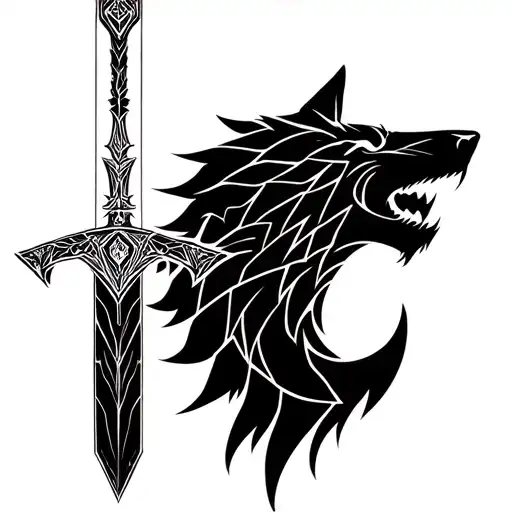 viking sword wolf howling tattoo design idea