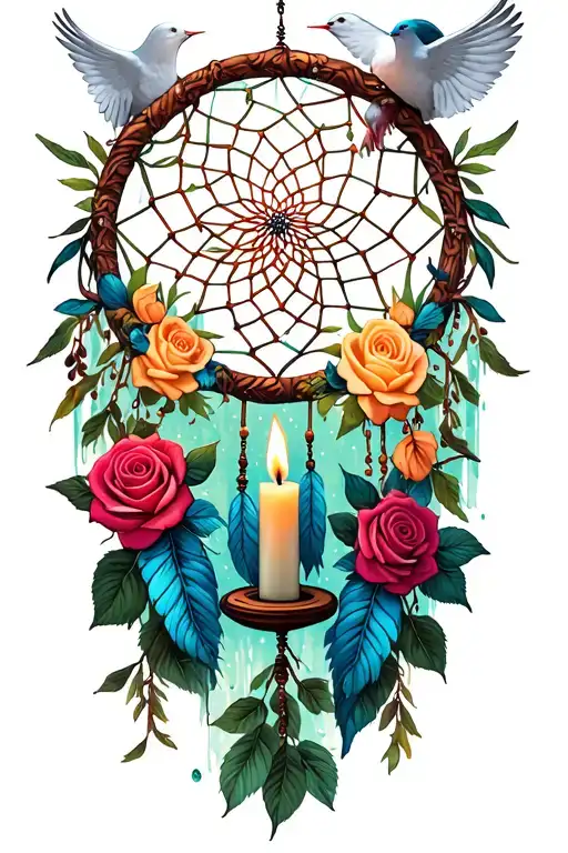 dream catcher, roses, dove, candle tattoo design idea