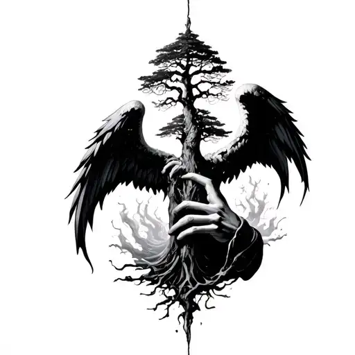 index finger of God of death angel try to touch index finger of man with elven mystical tree in between tattoo design idea
