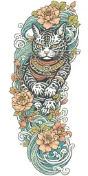samurai cat, water, waves, lotus, sakura, clouds, whirlpool, leaves, peony, tree tattoo design idea