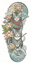samurai cat, water, waves, lotus, sakura, clouds, whirlpool, leaves, peony, tree tattoo design idea