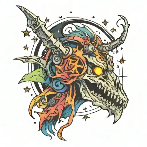 The Quote says "Out Of The Norm" also Dragon with Wizard Powers, Skull, Headphones,Music Notes, Third Eye and Nova stars tattoo design idea