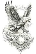 Sleeve tattoo featuring the sun, the water, mountains, an eagle, a warrior, apollo god of the sun, a horse, and feathers tattoo design idea