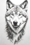 wolf cub, moon, forest, river, adult wolf, smoke rising tattoo design idea