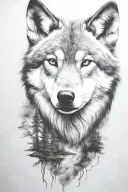 wolf cub, moon, forest, river, adult wolf, smoke rising tattoo design idea