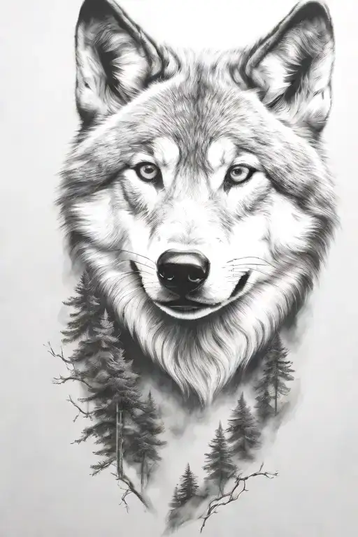 wolf cub, moon, forest, river, adult wolf, smoke rising tattoo design idea