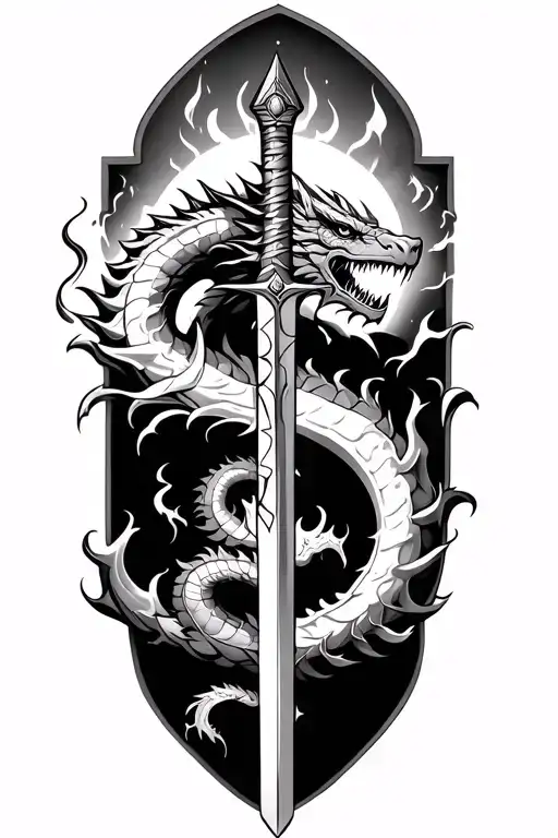 knight stabs sword into dragon breathing fire tattoo design idea