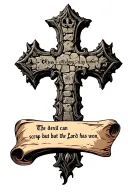 cobblestone cross with writing "the devil can scrap but the Lord has won" in old font on a scroll. tattoo design idea