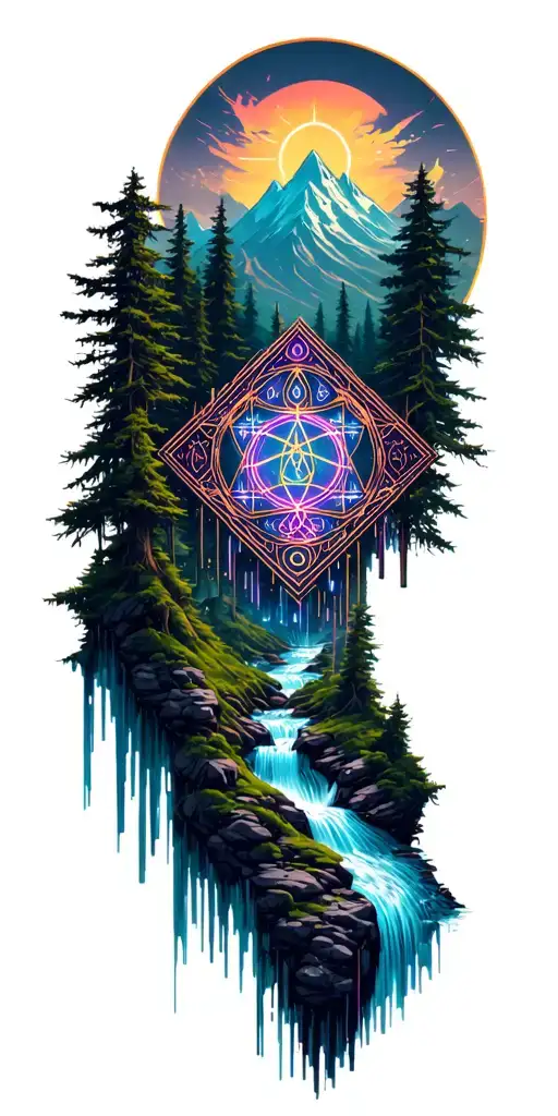 A dense forest with a stream and mountains in the background tattoo design idea
