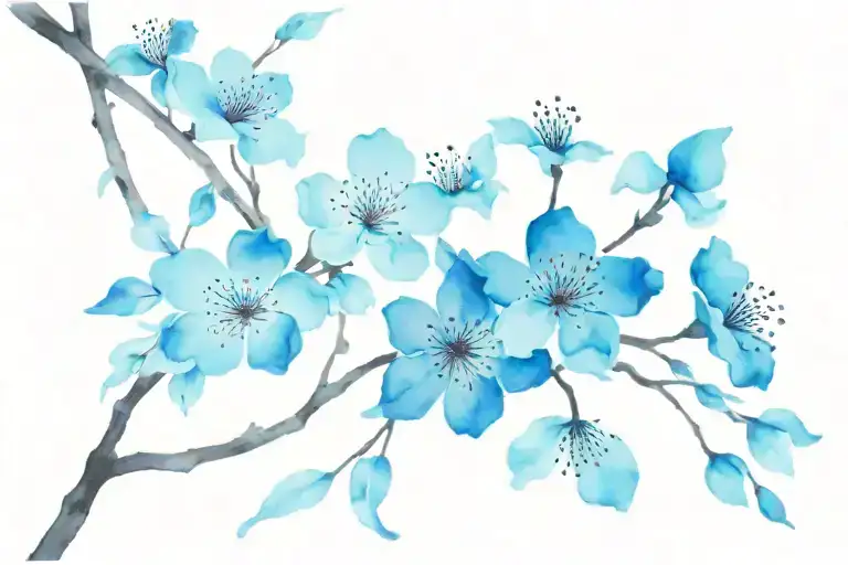 Cherry blossom petals falling, deep blue petals dark blue petals, purple petals, light blue petals, black branch tattoo design idea
