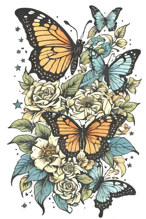flowers and butterflies fluttering amidst constellations tattoo design idea